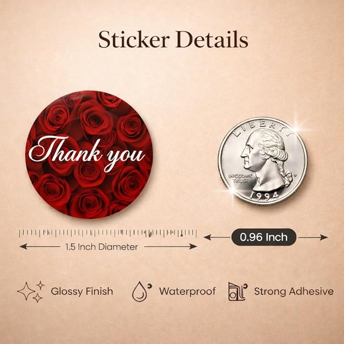 500 Thank You Stickers 1.5" Round Labels (8 Unique Designs) for Small Business, Packaging, Envelopes, Gift Bags, Bakery Orders Self-Adhesive Waterproof Sticker Roll