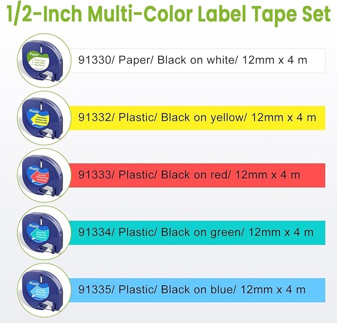 Label KINGDOM 5-Pack Compatible with DYMO LetraTag Mix Color Tape, White/Red/Yellow/Blue/Green Label Maker Refills for LT-100H Handheld Printer, 1/2” x 13’