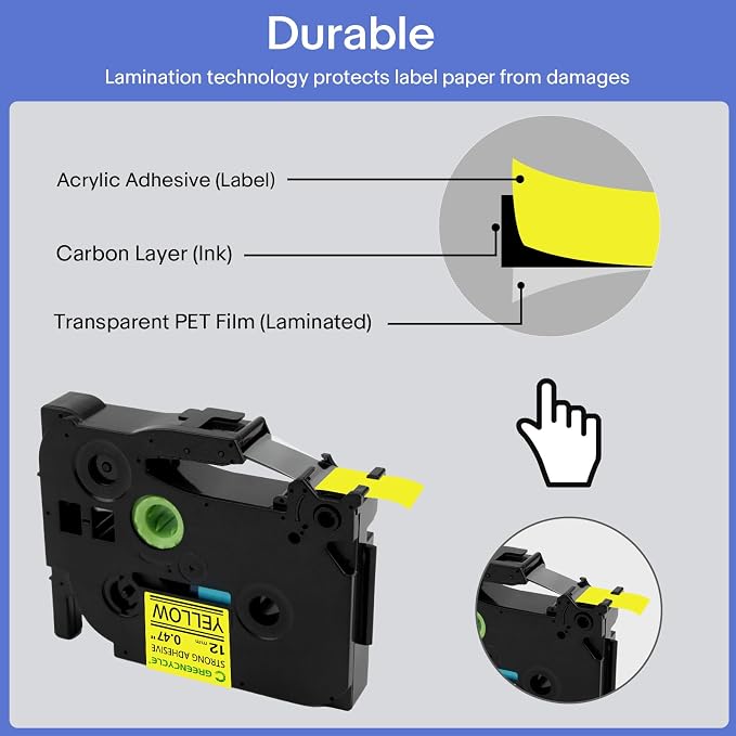 GREENCYCLE Extra Strength Label Tape TZe-S621 9mm 0.35" Laminated Yellow Compatible for Brother P-Touch TZeS621 TZ-S621 TZe TZ 3/8 inch Black on Yellow Label Tape for PT-D200 PT-D210 PT-D220, 5 Pack