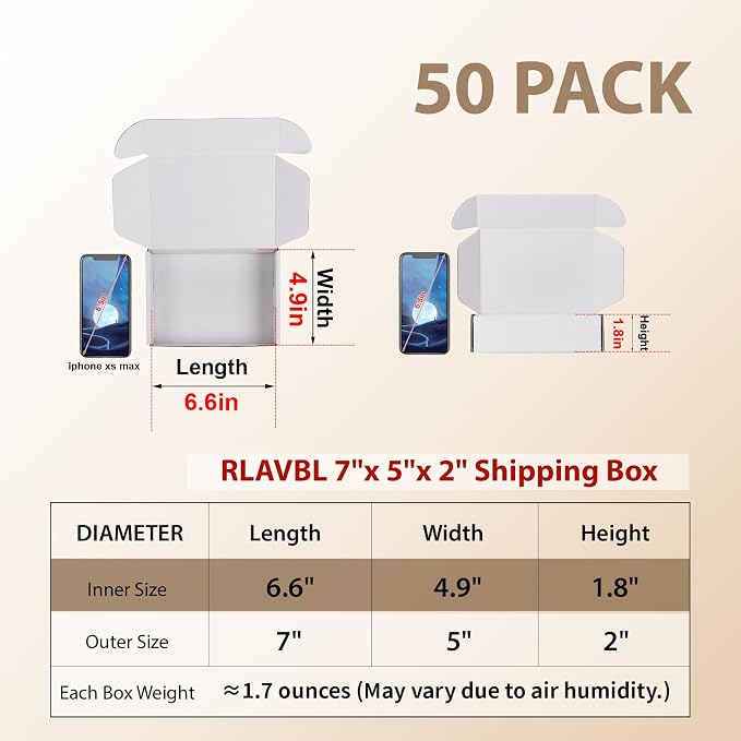 RLAVBL 7x5x2 Shipping Boxes Set of 50, White Corrugated Cardboard Box for Packing, Mailing, Business
