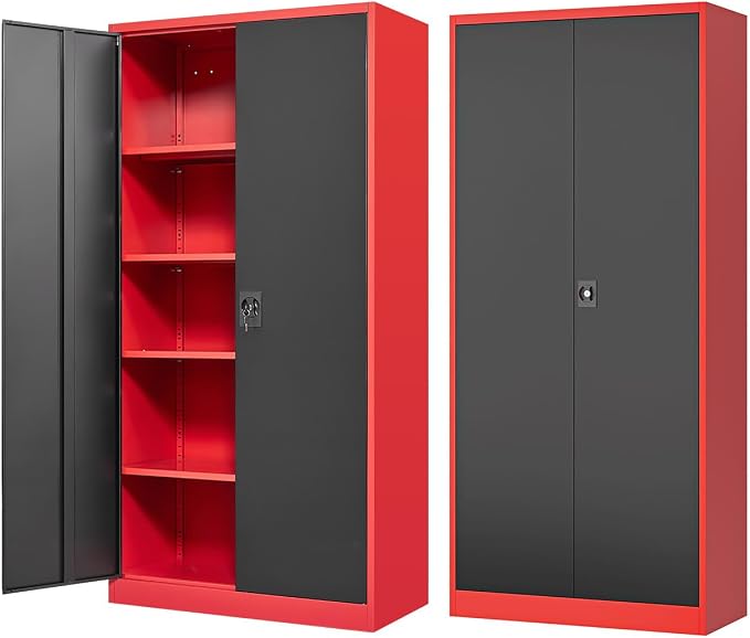 Fesbos Metal Storage Cabinet-72” Tall Steel File Cabinets with Lockable Doors and Adjustable Shelves-Black&Red Steel Storage Cabinet for Kitchen, Office, Garage