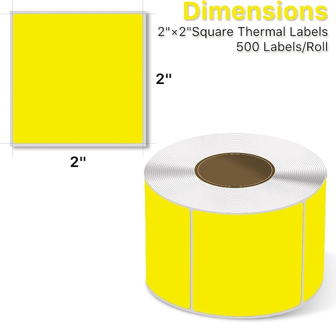 Square Thermal Label Stickers, 2"x2" (50.8mm x 50.8mm) Compatible with Multiple Thermal Printers Self-Adhesive Square Direct Strong Adhesive Thermal Labels, Yellow, 500 Sheets/Roll