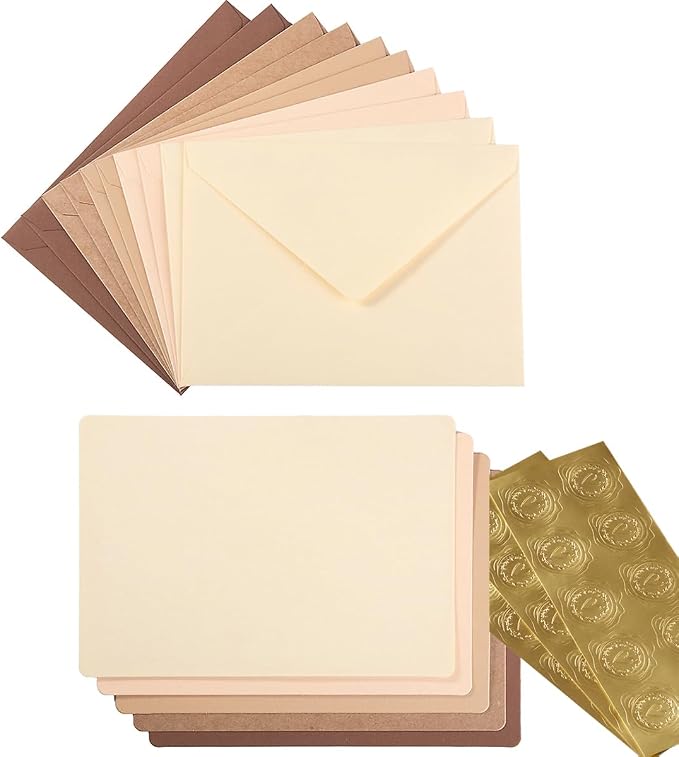 25 Pieces A7 Colored Envelopes with Cards and Stickers Set, Brown 5Colors | 5x7 inches Envelopes For Weddings, Invitations, Birthday, Baby Shower