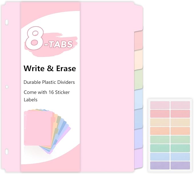 SKYDUE 8 Tab Write & Erase Durable Plastic Dividers for 3 Ring Binders | Binder Dividers for Letter Size, Aesthetic Pastels Binder Divider Organizers for Student, Teacher, Office, 1 Set