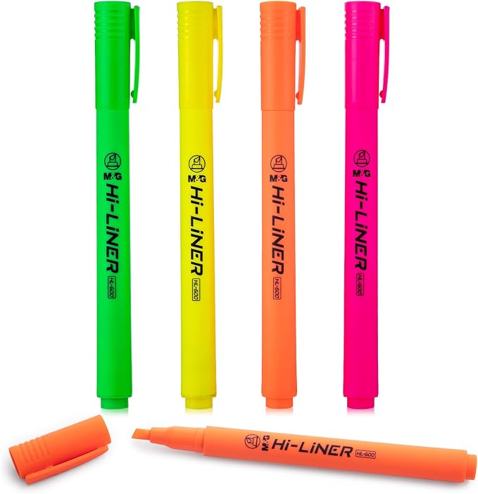 M&G Liner Highlighters, 4-Count MultiColor Highlighters, Chisel Tip No Bleed Highlighter Pens for Office Documents, Planning, and Everyday Organization