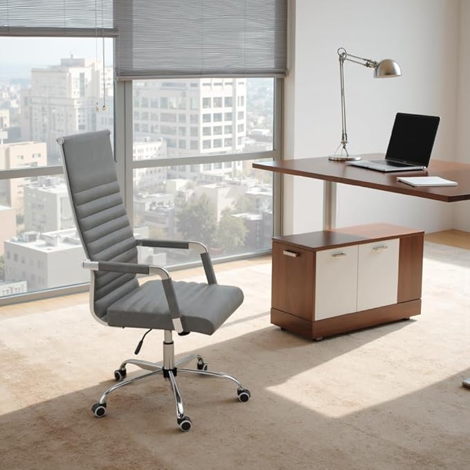 Furmax Ribbed Office Chair High Back PU Leather Executive Conference Chair Adjustable Swivel Chair with Arms (Bicolor Vintage Grey)