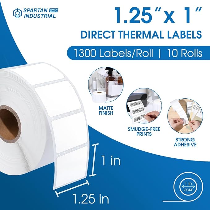 1.25" X 1" Direct Thermal Labels (13000 Count, 10 Rolls) | Barcode Stickers, SKU Labels, Product Identification - Compatible With Zebra Desktop Printers, NOT Rollo Compatible