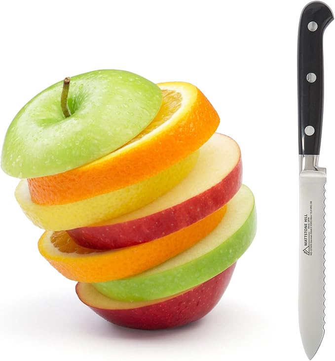Serrated Utility Knife - MATTSTONE HILL 4.7" Kitchen Knife, German Stainless Steel Vegetable Knife, Paring Knife, Triple Rivet Handle
