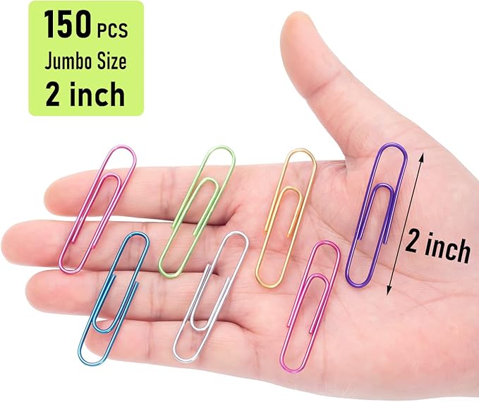 Jumbo Paper Clips,150pcs 2 Inch Large Paper Clip, Assorted Colored PaperClips for Paperwork Office School and Personal Use