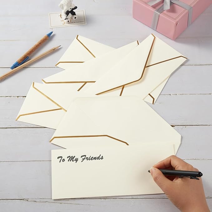 50 Pack #10 Business Envelopes, Cream Color, 4 1/8 x 9 1/2 Inches | Gold Border, Self Seal Standard Envelopes with Gold Stickers for Office, Checks, Letter Mailing, Invoices