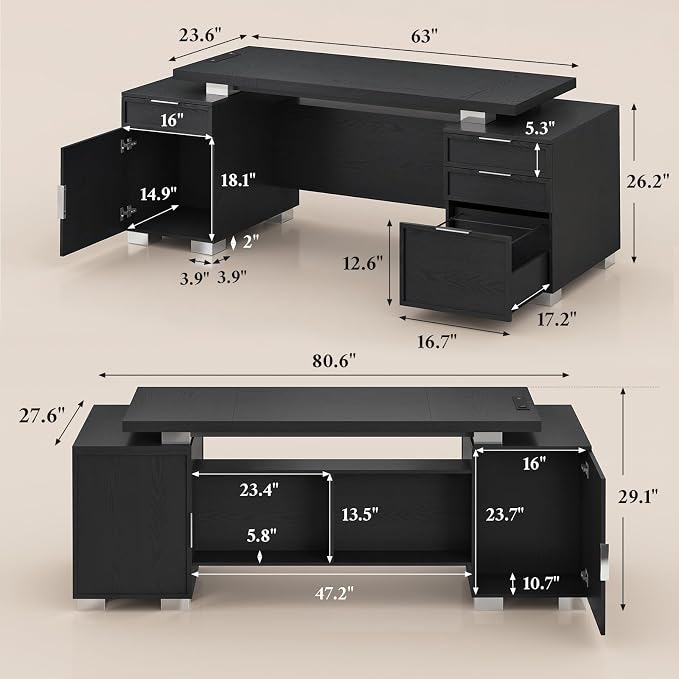 80.6" Executive Desk with Power Outlet and File Drawer, Modern Home Office Desk with 3 Large Cabinets and Privacy Panel, Business Furniture for Home Office, Living Room, Black