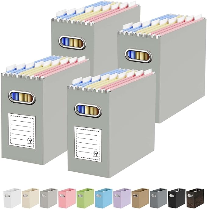 Portable Collapsible Cardboard File Box with Handle for Letter-Size | 4-Pack. Stainless Steel Handle. Label Stickers Included. Fits Letter Folders (Not Included). Home, Office, School, Dorm, Tax.