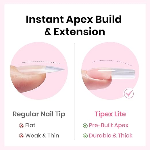 Beetles Tipex Lite Instant Apex Nail Tips, Long Square, 16 Sizes | 00–14, Built-in Apex Acrylic Tips for Flat & Natural Nail Beds, Beginner-Friendly Easy DIY Nail Extensions