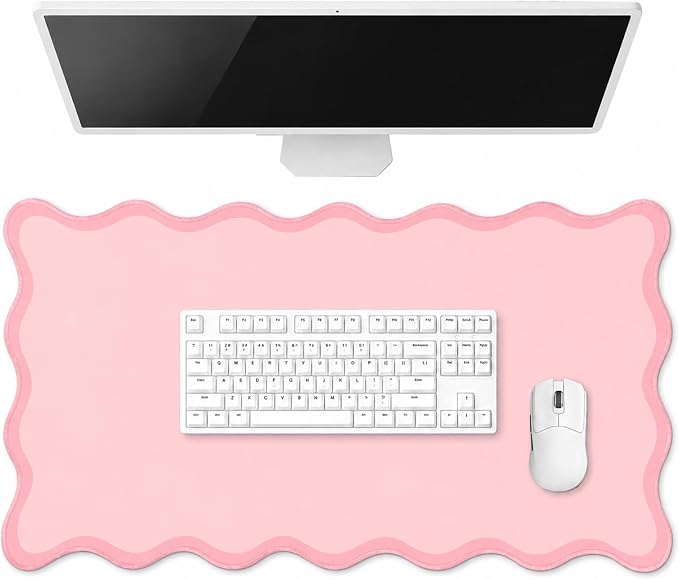 Hahafelt Scalloped Desk Mat Waterproof,Light Pink,31.5 X 15.8 Inches | Coquette Preppy Style for School Office Makeup Vanity, Nonslip Gaming Desktop Protector with Scalloped Stitched Edge Mat