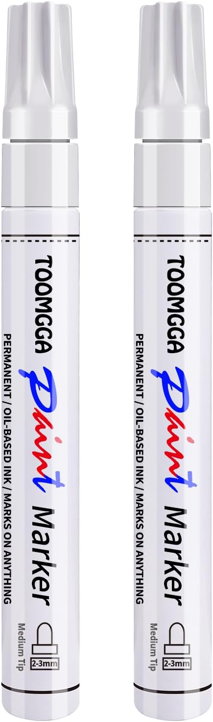 TOOMGGA 2 White Paint Pens Permanent Paint Markers, Oil Based Medium Tip | Marking Pens, Quick Drying, Waterproof, Fade-resistant, for Rock Painting, Car Tyre, Metal, Plastic, Canvas, Mugs, Wood