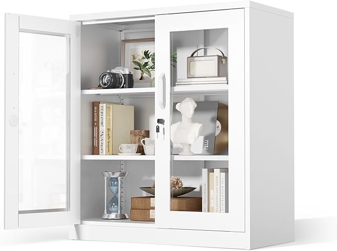 VINGLI Lockable Display Cabinet with Glass Door & 3 Shelves, 35.5" H Metal Storage Cabinet Curio Liquor, Bookshelf Bookcase for Home Office Living Room Pantry Garage (White)