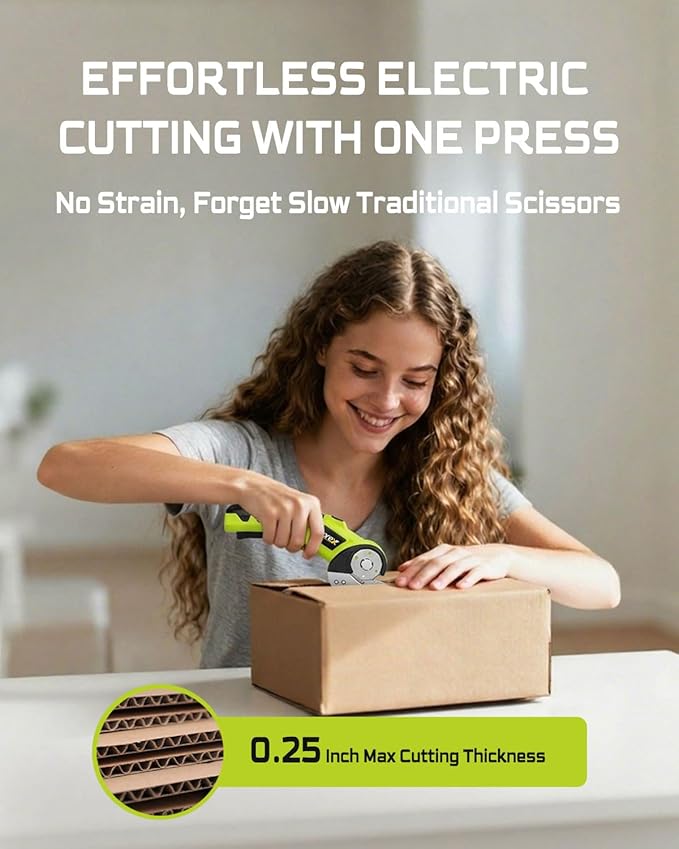 Electric Cardboard Cutter,3000mAh Box Cutter Rechargeable,Cordless Electric Scissors with 2 Blade, 4V Upgrade Motor,Safety Lock & LED Light, Powerful Cutting Tool for Paper Carpet,Green