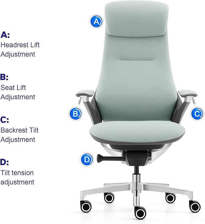 Genuine Leather Executive Office Chair，Top-Grain Cowhide, Ergonomic Design | Adjustable seat and headrest heights, 3-position recline (lockable)—suitable for home offices and high-end office settings.
