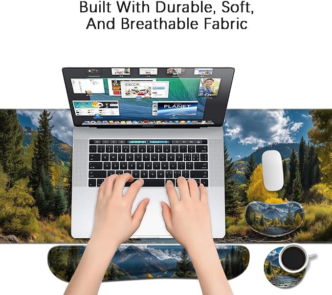 MIBITRI Keyboard Mouse Pad Set, Extended Gaming Mouse Pad+Ergonomics Keyboard Wrist Rest Support, Memory Foam, Easy Typing Pain Relief, 4Pcs XXL Ultra Thick Desk Mat, Nature Forest