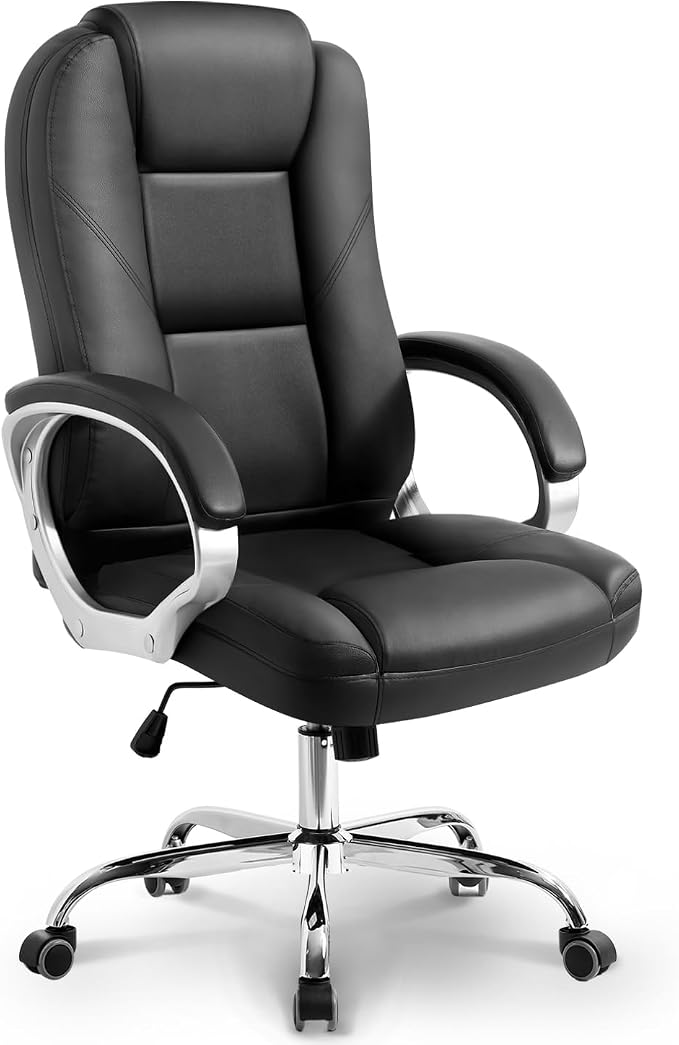NEO CHAIR Office Desk Chair PU Leather Chair with Lumbar Support, Jet Black | Ergonomic High Back Executive Computer Chair, Comfortable Padded Fixed Armrests Swivel Chair with Wheels for Office/Home