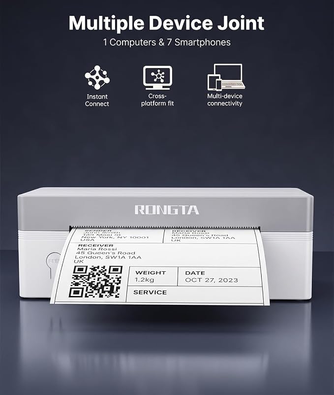 Rongta Bluetooth 4x6 Wireless Thermal Shipping Label Printer,White | Wireless Bluetooth Thermal Label Printer, Ideal for Shipping Labels for Package, Barcode Labels for Small Business
