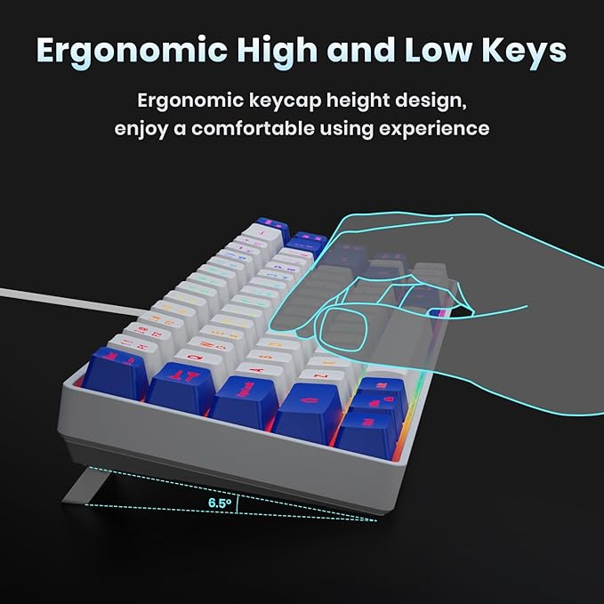 65% Gaming Keyboard, LED Backlit Mini Wired Keyboard, Ultra-Compact Anti-Ghosting No-Conflict 68 Keys Membrane Gaming Wired Keyboard for PC Laptop Windows Gamer(White-Blue)
