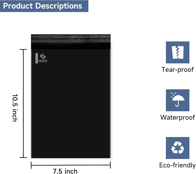 Black Poly Mailers 7.5x10.5 in, Small Shipping Bags, 100 Pcs | Small mailing bags for clothing accessories and shipping envelopes for packing fabric items and apparel.