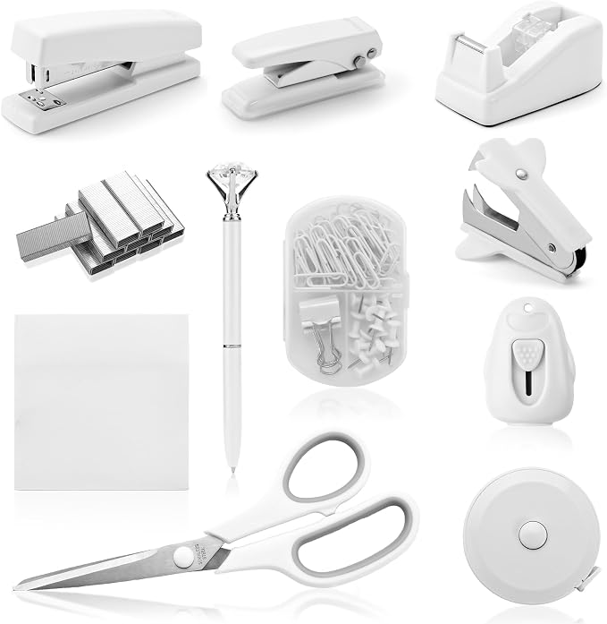 White Desk Accessory Kit Cute Office Supplies Set Desktop Stapler Set Includes Staple Remover Hole Punch Tape Dispenser Ballpoint Pen Scissor Mini Box Cutter Tape Measure Paper Clips Sticky Notes