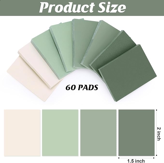 Fainne 60 Pads Sticky Notes Bulk 1.5x2,Simple Style,Green Series,60 Pads | Bulk Mini Posted Pads, 50 Sheets Each, Self Stick Memo Paper for Office School Notebook, Bright Assorted Colors