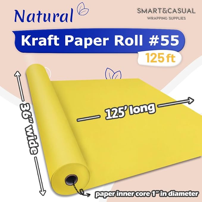 SMART&CASUAL 36" x 1,500" (125') Lemon Yellow Kraft Craft Paper Roll for Gift Wrapping Bulletin Board Bouquet Flower Kids Art Packing Parcel Table Covering 80GSM 55LB (Lemon Yellow, 36" x 125')