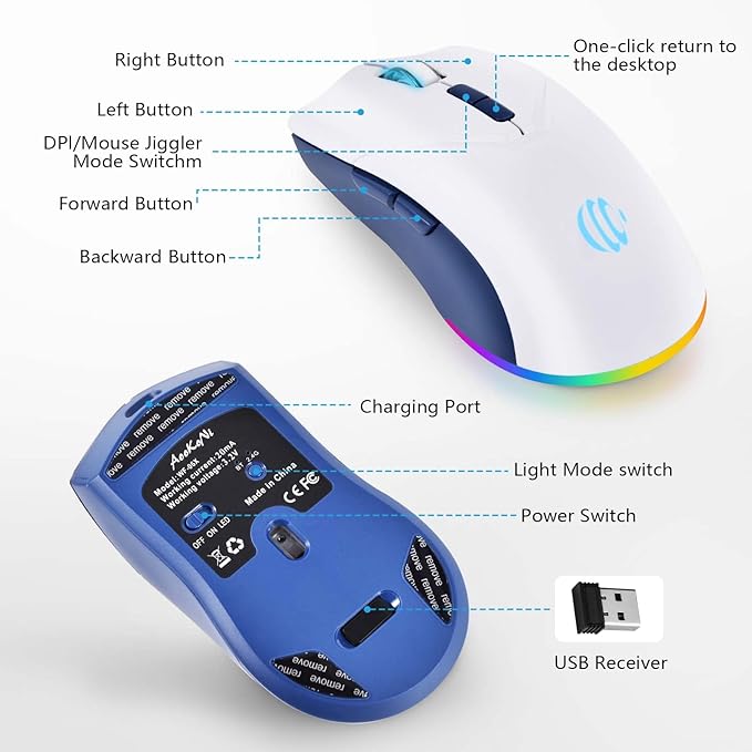 Bluetooth Wireless Mouse, 2-in-1(BT 5.2+2.4G) 1600DPI Bluetooth Mice with USB, Rechargeable Wireless Mice, One-click return to desktop, Dual Mode Silent Mouse for Laptop, PC, Mac, Tablet, Ipad.(White)