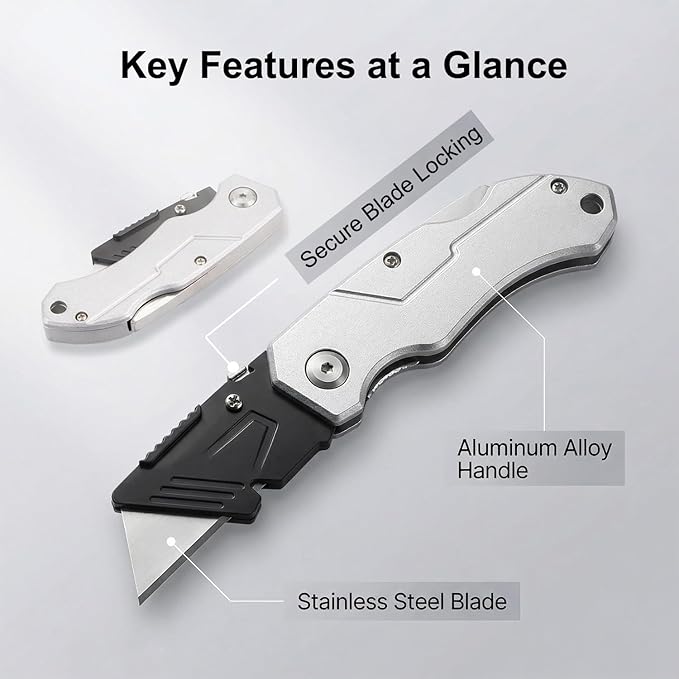 (2-Pack) Heavy Duty Folding Utility Knife with 10 Extra Blades, Box Cutter with Belt Clip for Cardboard, Carton, Carpet Cutting, Aluminum Alloy Anti-slip Handle, Quick Replace Blade
