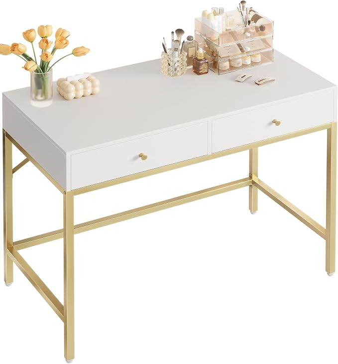 SUPERJARE 31.5" White and Gold Desk with 2 Drawers, Modern Vanity Desk | Small Makeup Table for Home Office Writing Study Bedroom