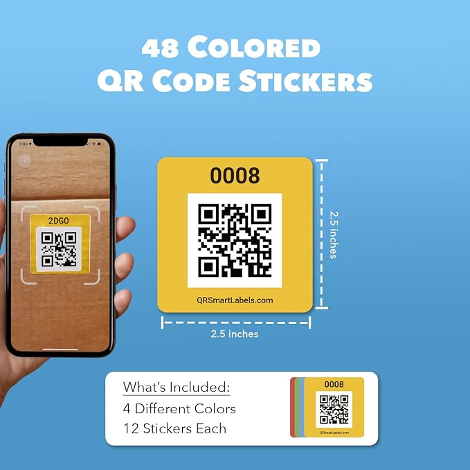 QR Code Stickers with AI Photo Analysis App - Auto-Creates Item Descriptions - No Typing - Made in USA - QR Code Labels for Storage & Inventory Tracking, Organization & Moving, Pack of 48