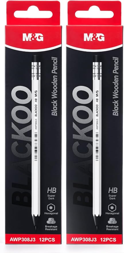 M&G BLACKOO Series HB Wood-Cased Pencils, 24-Pack Pre-Sharpened with Top Erasers, Bulk Black Pencils for School, Teachers, Writing, Drawing and Sketching (White)