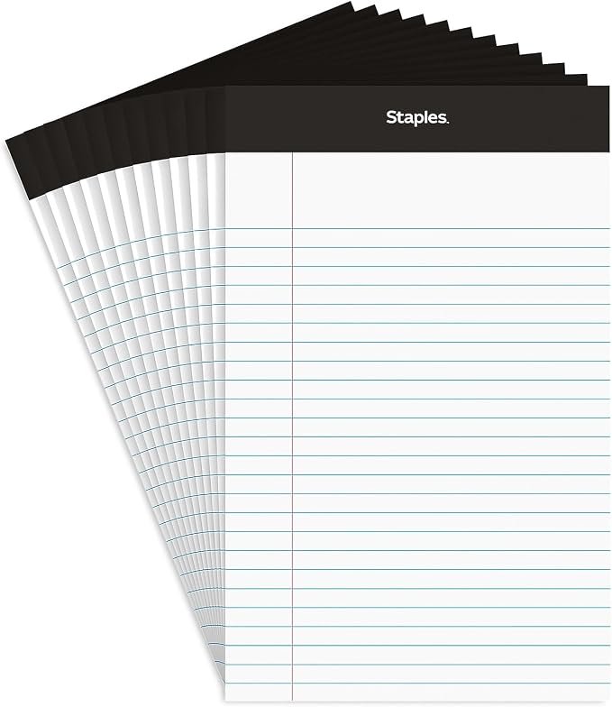 Staples Notepads, 5x8 Inch, Narrow Ruled, White, 12-Pack | 50 sheets per pad. Compact size for notes, lists, and everyday writing.