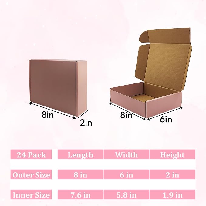 Pink Shipping Boxes 24 Pack 8x6x2 inches, Corrugated Cardboard Mailer Boxes | Kraft Mailer Boxes for Small Business and Gift Giving, Colorful Packing Boxes for Shipping Jewelry, Cosmetics and Perfume