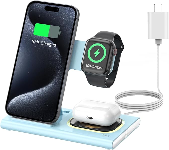 3 in 1 Foldable Wireless Fast Charging Station for Apple Multiple Devices | iPhone Charging Station for iPhone 17, Travel iWatch Charger Stand, Light Nightstand Charging Dock for Apple Watch/Airpods