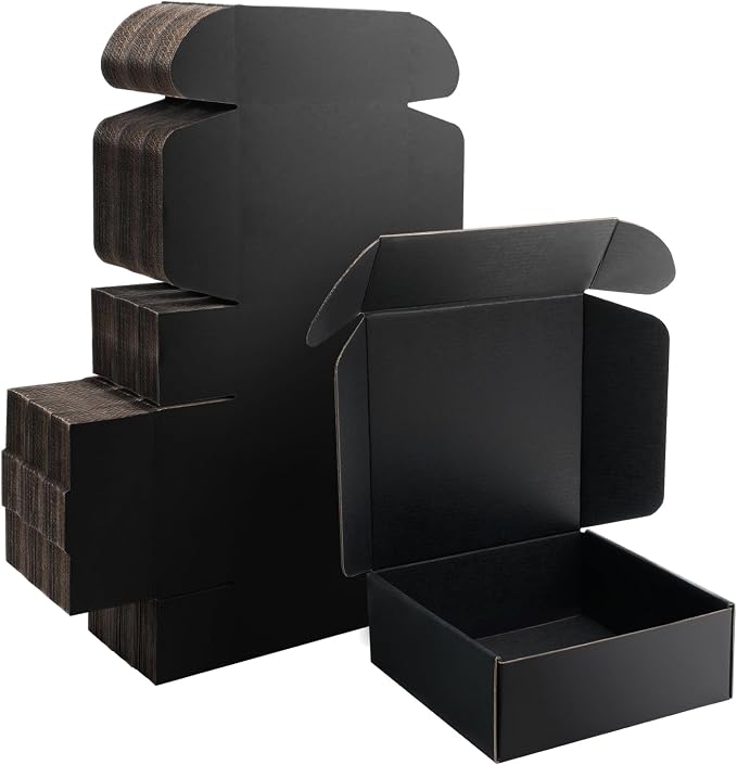 8x8x3 inch Black Shipping Boxes for Small Business- Set of 25 | Sturdy ECT 32 Corrugated Cardboard Mailer Boxes, Easy Assemble for Packaging, Mailing, Gift