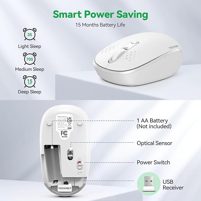TECKNET Compact Ambidextrous Wireless Mouse for Laptop White | 2.4G Quiet Computer Mouse with USB Receiver, 3 Adjustable DPI Portable Cordless Mice for Chromebook, Laptop, PC, Mac