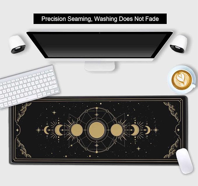 Moon Phases Large Gaming Mouse Pad, Celestial Cycle Lunar Chart Black and Gold Desk Pad, Stars in Space Horoscope Desk Mat, Mystical Astronomy Mousepad for Gamer Home&Office, 31.5x11.8 in