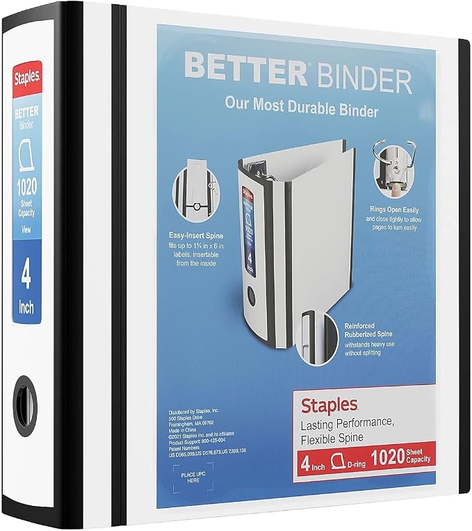 Staples Better 4-Inch 3-Ring View Binder, White, Reinforced Spine | High-capacity durable binder for school and everyday office storage.