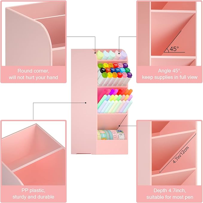 Asten Pen Holder, Pencil Holder for Desk, Pen Organizer for Office, School, Desktop, Large Capacity Pen Storage Organizer with 5 Compartment for Pens, Markers, Makeup Brush, Cosmetics (Pink, 3 Pack)