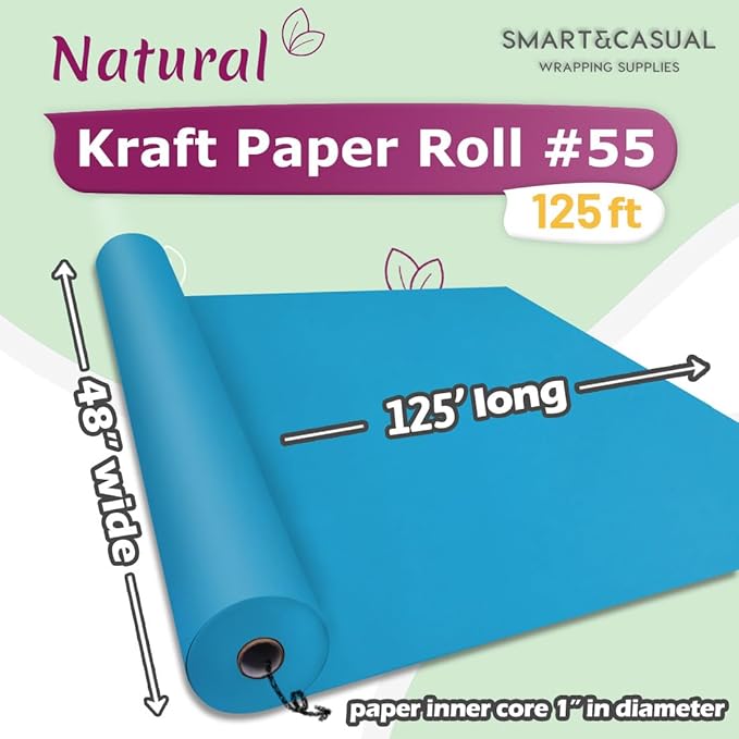 SMART&CASUAL 48" x 1,500" (125') Lake Blue Kraft Craft Paper Roll for Gift Wrapping Bulletin Board Bouquet Flower Kids Art Packing Parcel Table Covering 80GSM 55LB (Lake Blue, 48" x 125')