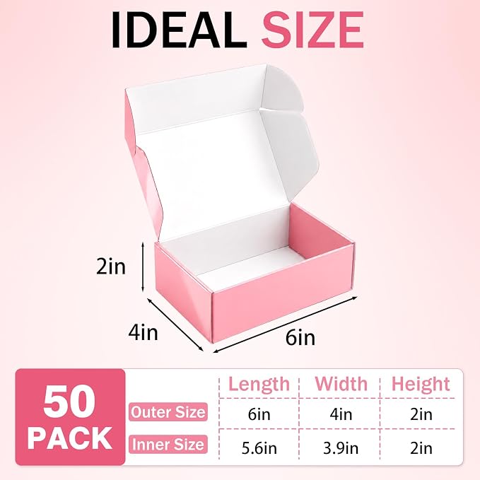 6x4x2 in Boxes for Shipping Small Business, 50 Pack Cute Pink Mailer Boxes, Corrugated Shipping Boxes Bulk