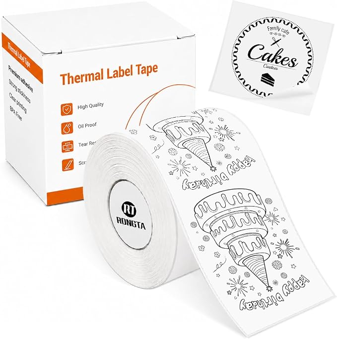 Rongta Label Tape for R22, Standard Laminated Thermal Label Tape Replacement, Waterproof, Oil-Proof Sticker for Home Office Small Business Labeling (White, 2'' (Continuous Label/10M/Roll))