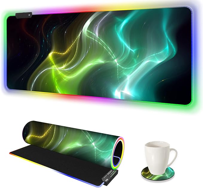 AIMSA Large Gaming Mouse Pad RGB, Keyboard Led Mousepad Extended 35.4 x 15.8 inch Non-Slip Rubber Base with 14 Lighting Modes, Big Desk Mat Waterproof, Cool Aurora