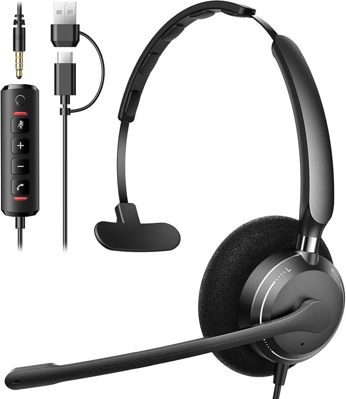 USB Headset with Microphone for PC, Computer Headset with Microphone Noise Canceling Mic for Laptop Call Center Wired Headset with Mic for Work Zoom Skype Teams from Office Home