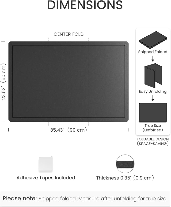Fluxynara 35.4" x 23.6" Bulletin Board, Black | Cork Board Alternative with 12 Removable Adhesive Tabs, Foldable Felt Pin Board for Home, Office, Classroom & Dorm