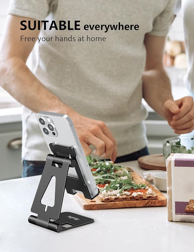 Aoviho Foldable Cell Phone Stand for Desk, Holder for iPhone,Black | Folds Flat for Easy Storage, Hands-Free Viewing, Fits iPhone 17/16/15 Series & Samsung Galaxy, Ideal for Office & Home
